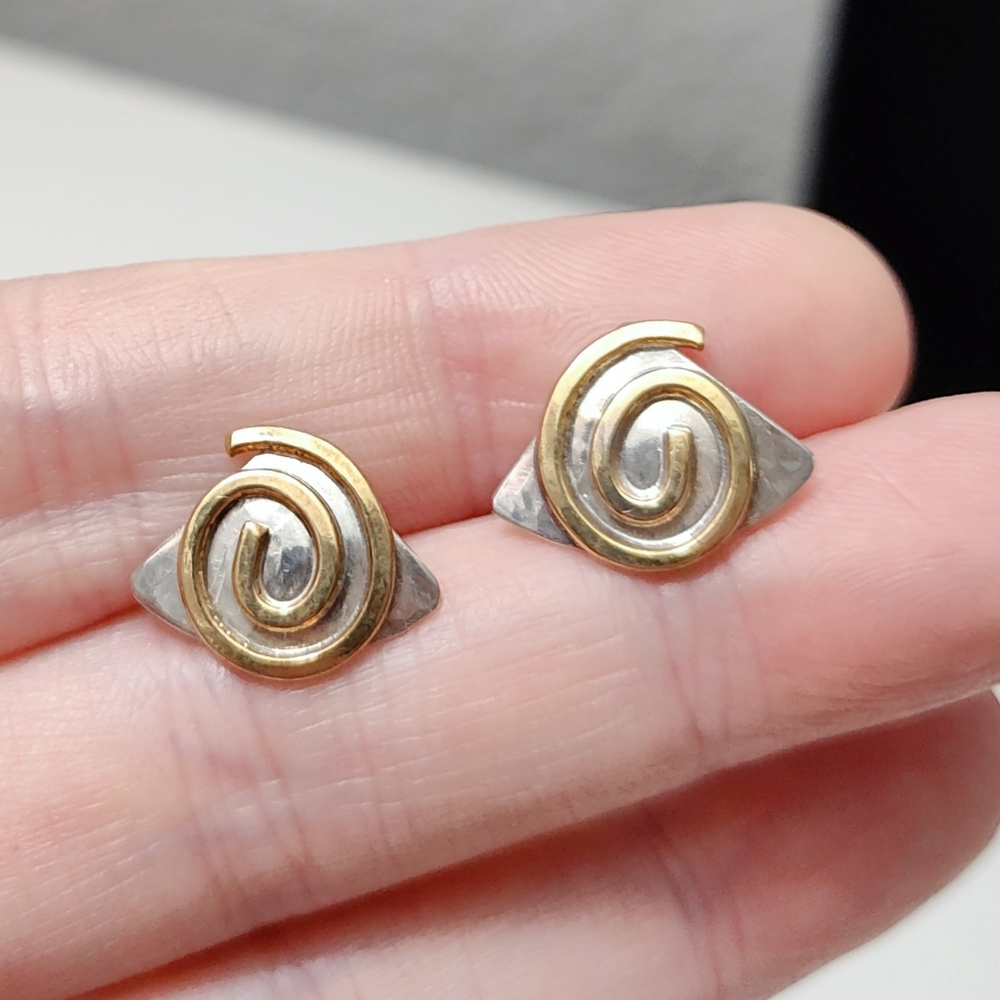 Vintage Sterling Silver Bronze Swirl Hand wrought Modernist Necklace Earring Set - Picture 6 of 15